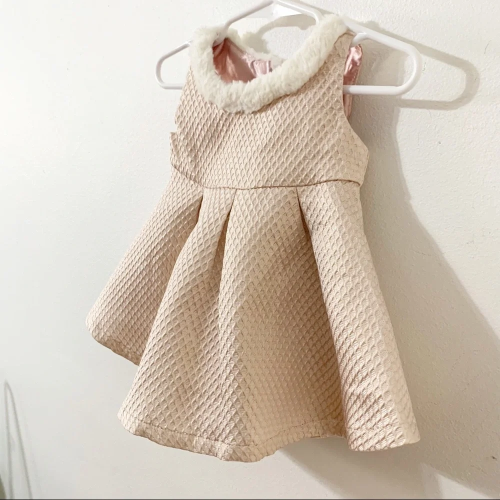 The Children’s Place Girls Blush Metallic Party Dress Faux Fur Collar 3-6 Months